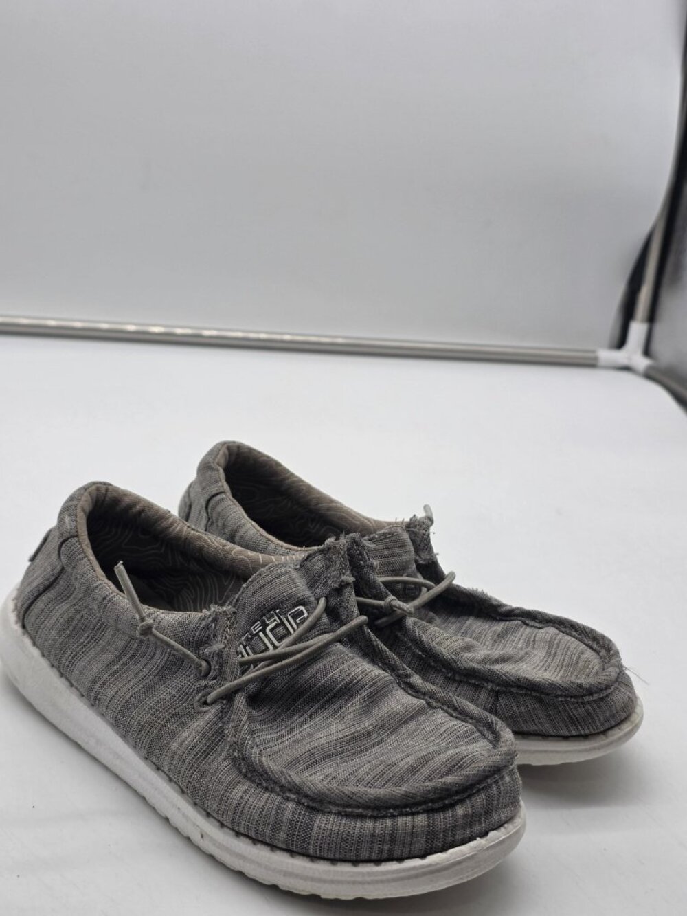 Hey Dude Shoes Kids Size 13 Gray Wally Youth Linen Stone Slip On Casual Damage